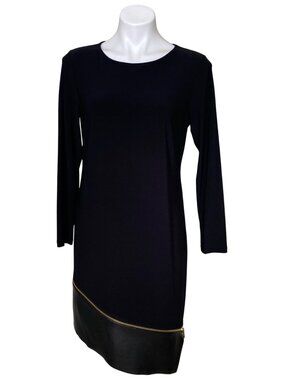 MSK Women's Black Sheath Dress Long-Sleeve Faux Leather Zipper Hem Detail Size M